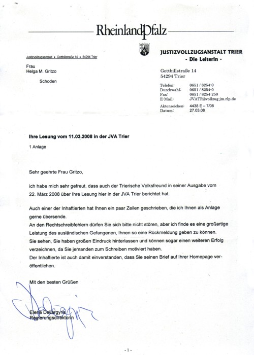 Dankesbrief der JVA in Trier 2008