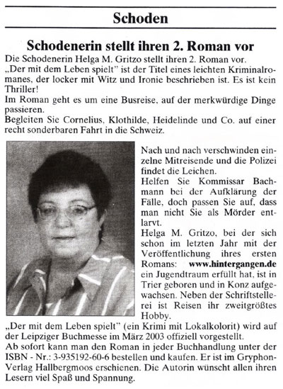 Artikel im Saarburger Amtsblatt, Ausgabe 2/2003