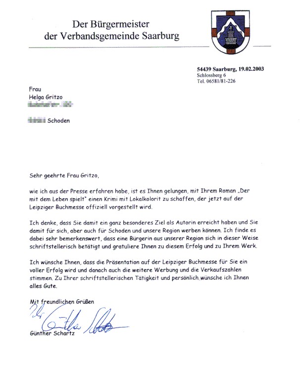 Brief des Saarburger Bürgermeisters